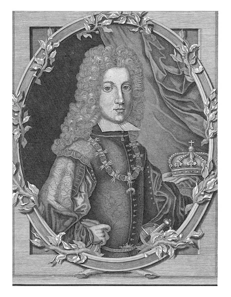 後のドイツ皇帝チャールズ6世の肖像画は 彼の隣にスペインの王冠を持つ若い男として カレルは首に金のフリースの印のついたネックレスをつけています — ストック写真