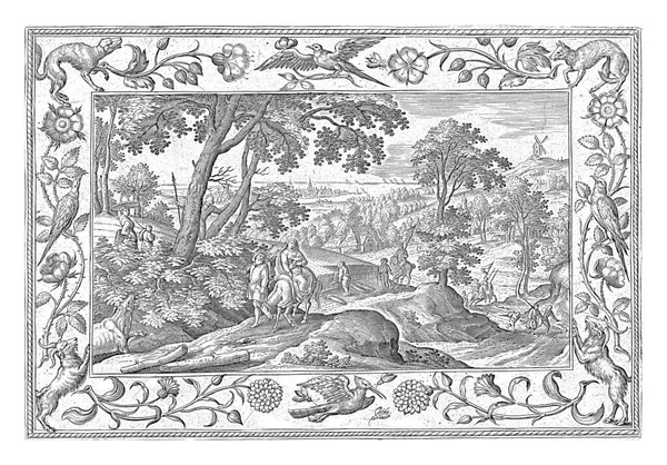 Hügellandschaft Vordergrund Josef Mit Maria Und Kind Auf Einem Esel — Stockfoto
