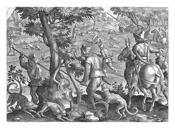 犬や網で狩りをしましょう 印刷にはラテン語のキャプションがあり 狩猟に関する43パートのシリーズの一部です — ストック写真