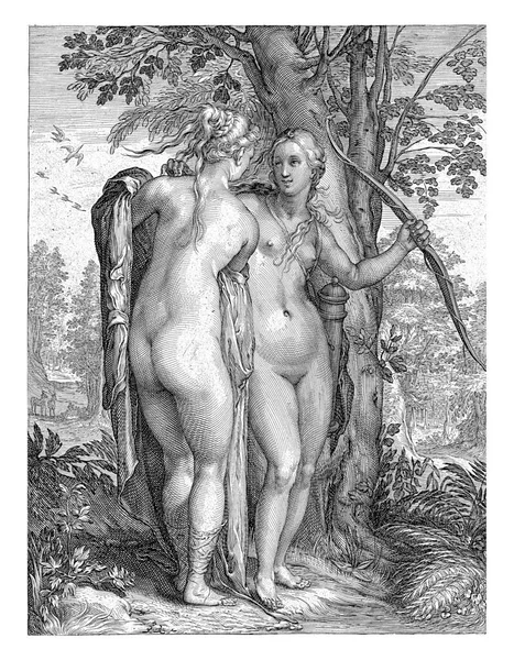 Vor Einem Baum Stehen Die Nackte Diana Mit Pfeil Und — Stockfoto