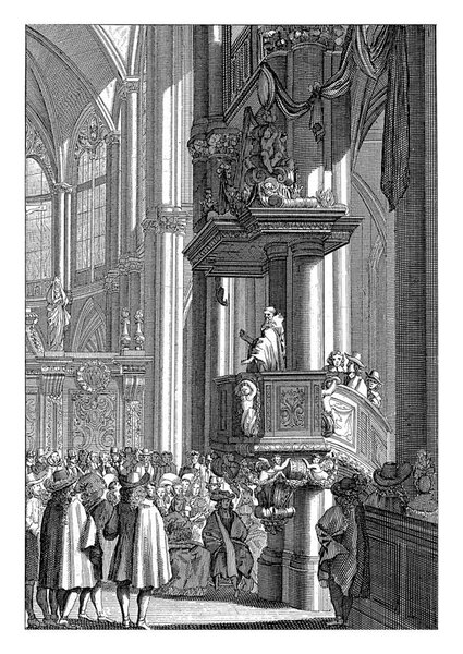A preacher stands on the right of a pulpit or pulpit. Behind him are three men on the steps to the pulpit.