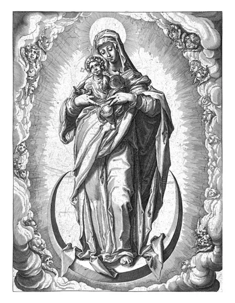 三日月の上に立つキリストとのマリア ヤコブ ゲイン Workshop ヤコブ ゲイン 1593年 1597年雲の花輪に三日月の上に立つマリア — ストック写真