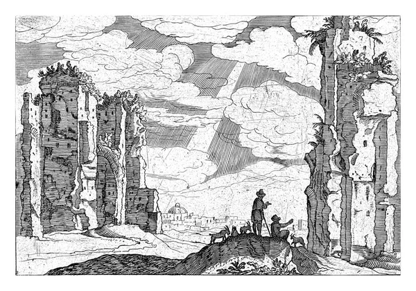 Заросшие Руины Бань Каракаллы Риме Переднем Плане Два Пастуха Стадом — стоковое фото