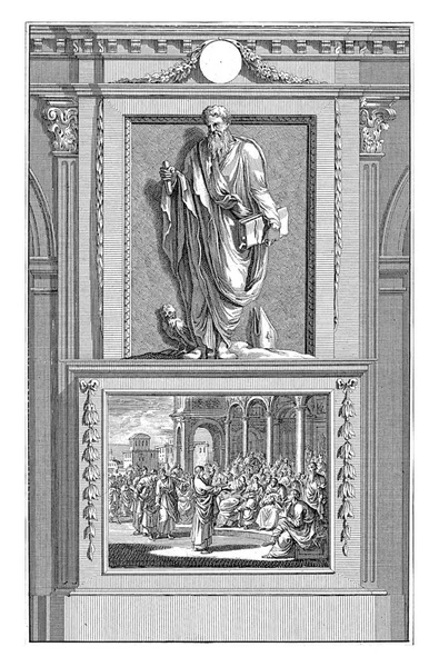 Dionysius Areopagiet Jan Luyken 在Jan Goeree之后 1698年圣狄奥尼修斯之后 Areopagiet站在那里 手里拿着一本书和一支指挥棒 在他脚边站着一只猫头鹰和一个主教的手套 — 图库照片