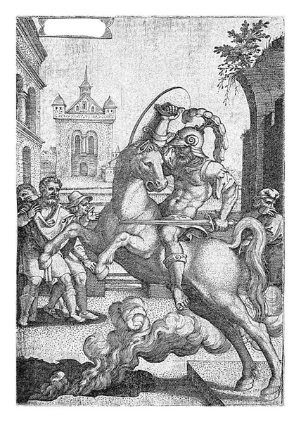 Marcus Curtius陷入了一个裂隙 Georg Pencz 1535 Marcus Curtius为了填补罗马的一个巨大裂隙而牺牲了自己 他身穿全副武装 骑着马 一头扎进了峡谷 — 图库照片