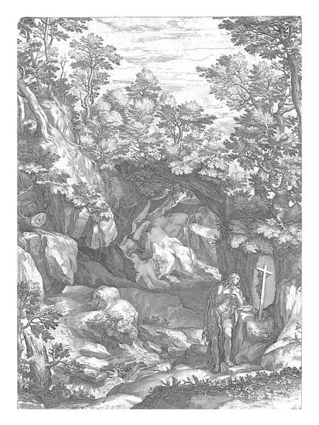 Landscape Saint Mary Magdalene Praying Crucifix Ravine — Stock Photo, Image