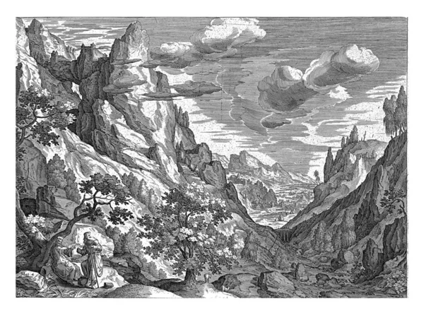 Een Berglandschap Rechts Staat Christus Begeleid Door Duivel Gedaante Van — Stockfoto