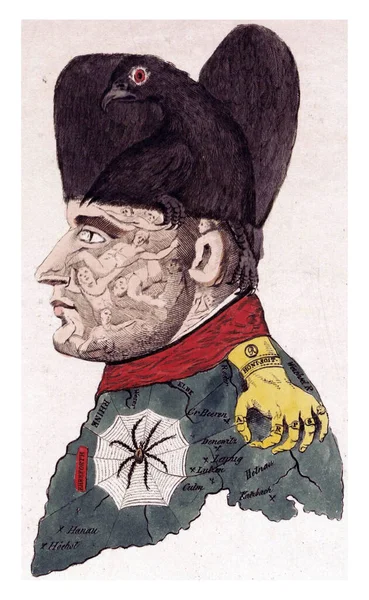 拿破仑的漫画从1813年开始 他的脸由受害者的尸体组成 他的帽子是普鲁士鹰 他的护身符是一把紧握的手 — 图库照片