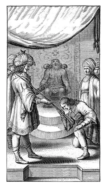 在前面 英格兰和波斯国王坎比西斯任命鞠躬的奥坦尼斯为法官 后面是法官的椅子 上面涂满了Otanes父亲Sisamnes的皮肤 — 图库照片