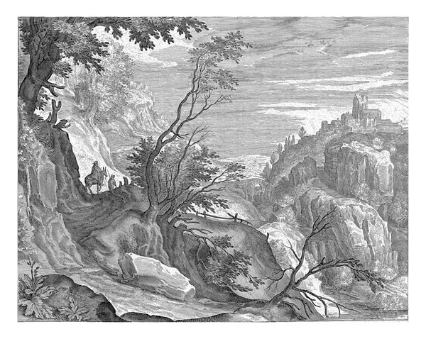 ギザギザの岩と山の風景 左側には2人の旅行者とロバがいる — ストック写真