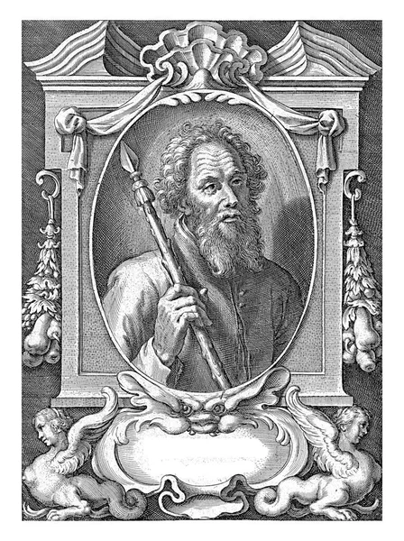 Apóstolo Judas Taddeus Com Lança Emoldurado Com Ornamentos Arquitetônicos Jan — Fotografia de Stock