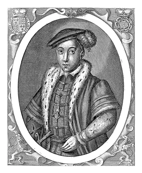爱德华六世的画像 英格兰国王西蒙 范德帕斯 1618年爱德华六世的画像 英格兰国王 在边框边上的字母中 用拉丁文写着临时保姆的名字和职位 — 图库照片