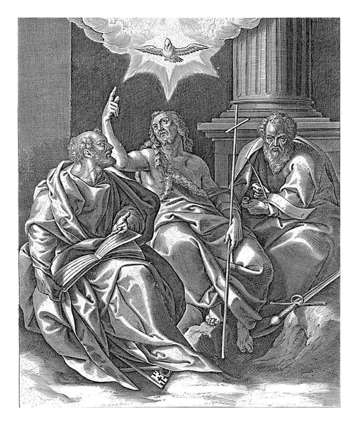 施洗约翰与彼得和保罗 安东尼 维鲁瓦 继1610 1676年巴托尔默斯 斯普朗格之后 施洗约翰被圣彼得 钥匙在他脚边 和圣保罗 剑在他脚边 — 图库照片
