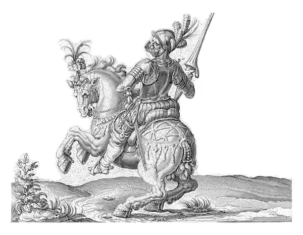 Mężczyzna Zbroi Koniu Jadący Lewo Otwartą Osłoną Trzymający Włócznię Lub — Zdjęcie stockowe