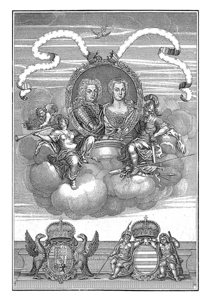 弗朗西斯三世和他的妻子玛丽亚 特蕾莎的肖像被描绘成一个圆形的框架 有棕榈叶和月桂树叶 — 图库照片