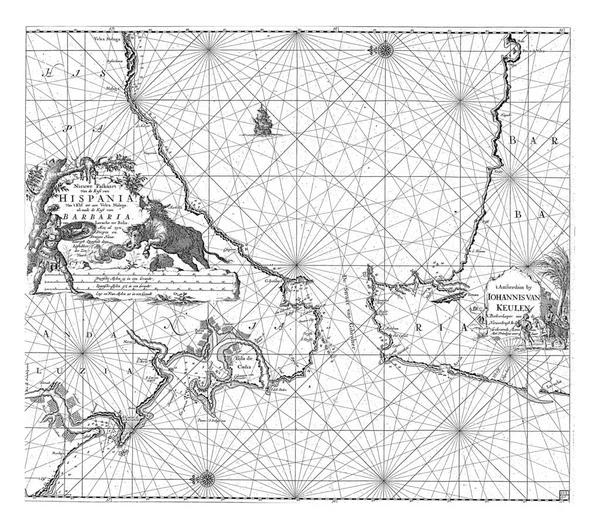 ジブラルタル海峡の地図 2つのコンパスのバラと 北の左側にあります ドイツ語 スペイン語 英語またはフランス語のマイルのタイトルと規模を持つカルトゥーシュの左側 — ストック写真