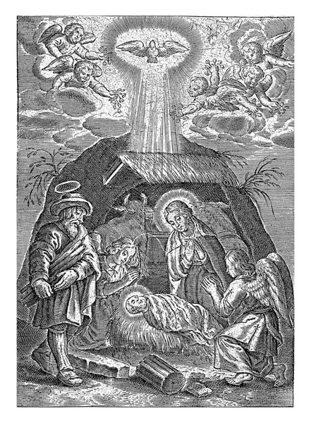 マリアは 目の前の管理者に横たわっているキリストの子によってひざまずきます 左のヨセフとキリストの子の左と右の二つのひざまずいて天使 — ストック写真