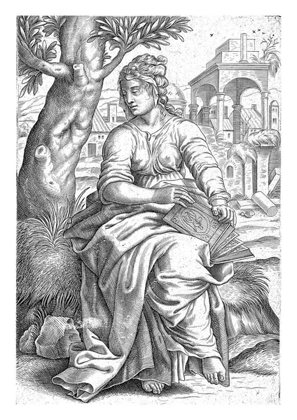 Sibyl Cumae Book Her Lap Sitting Tree Background City Landscape — Stock Photo, Image