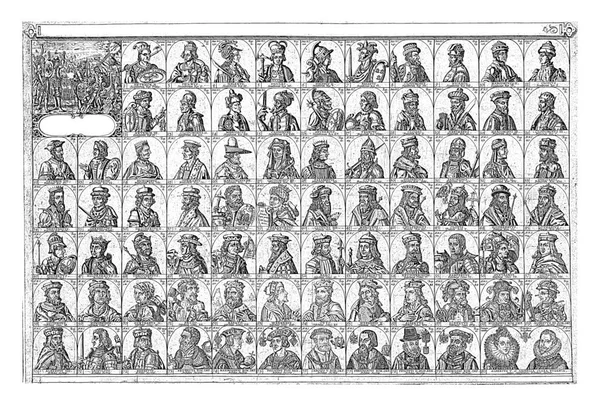 アンテノール2世からオランダ南部の総督アルブレヒトとイザベラの二重肖像画まで ハプスブルク家の君主の合計80数の胸像を持つ7列 — ストック写真