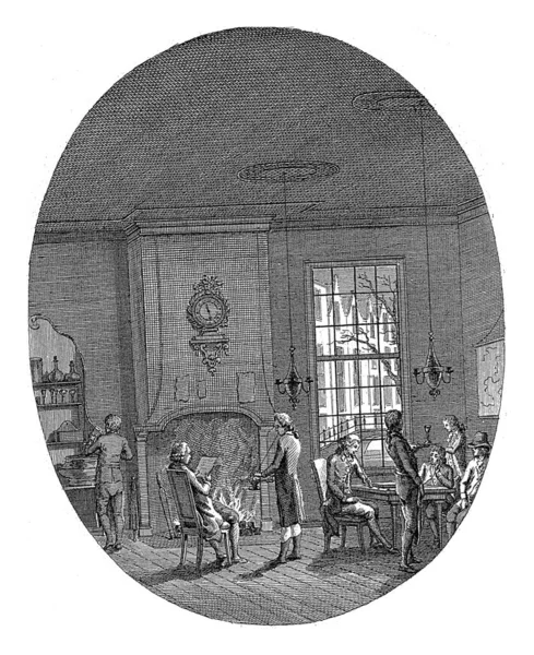 Interior Una Cafetería Marco Ovalado Varios Hombres Están Pie Sentados — Foto de Stock