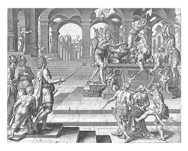 约西亚王站在撒马利亚的殿中 使祭司在祭坛上被杀 约西亚的兵丁用斧子和刀打祭司 — 图库照片