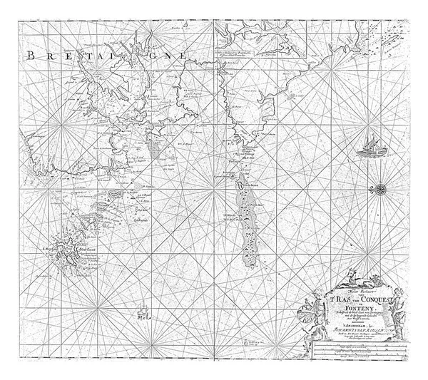 布列塔尼西海岸地图 有一个罗盘上升 北部在左边 右下角是一张带有德文 西班牙文和英文标题 出版商地址和刻度的手推车 — 图库照片