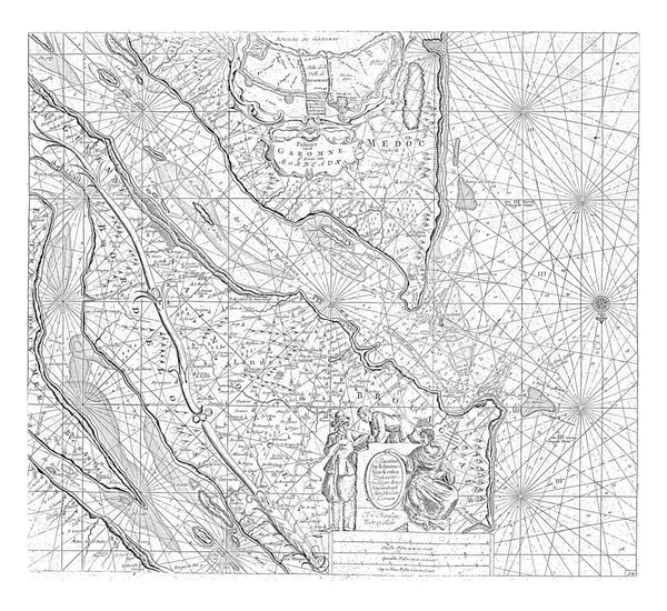 从吉隆德河到波尔多的护照地图 上面有罗盘 北边在下面 在大篷车上方有一个镶嵌着巴尔多港口详细地图的镶嵌物 — 图库照片
