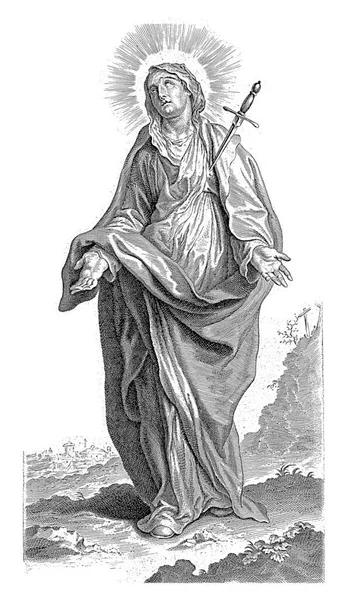 Μαίρη Ένα Σπαθί Στο Στήθος Δείχνει Τις Παλάμες Της Και — Φωτογραφία Αρχείου