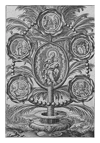 메달이 묵주는 미스테리를 그렸습니다 위에는 왼쪽에서 오른쪽으로 예수의 성전에서의 스크리브를 — 스톡 사진