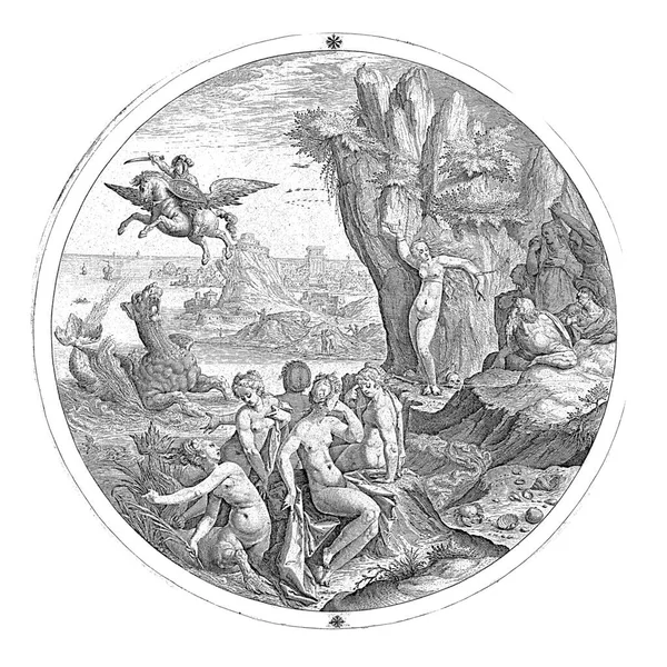 Representation Perseus Rushing Winged Horse Kill Sea Monster Threatens Andromeda — Stock Photo, Image