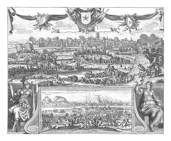 1673年6月27日から30日にかけてルイ14世下のフランス軍によるマーストリヒトの包囲と砲撃 戦争の武器に囲まれた街の紋章であるドレープの中央の上部には — ストック写真
