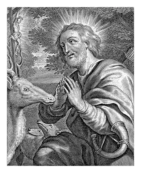 Aziz Hubertus Haçla Bir Geyiğin Önünde Diz Çöker — Stok fotoğraf