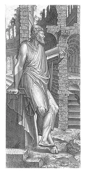 Apostle Matthew Standing Leaning Stone Reading Book Him Ruin — Stock Photo, Image