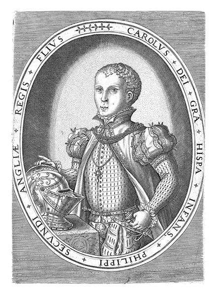 スペインのフィリップ2世の長男 スペインのドン カルロス王子の肖像画 左にバスト エッジレタリングと楕円形で — ストック写真
