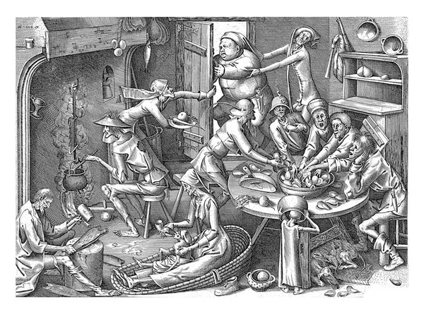 Kitchen Interior Skinny People Eating Mussels Table Man Stirs Cauldron — Φωτογραφία Αρχείου
