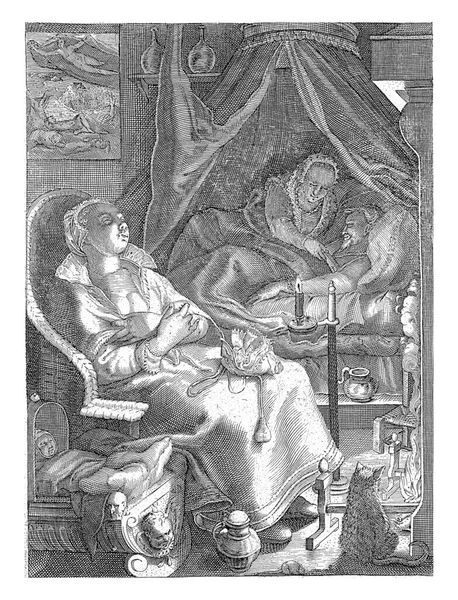 Sleeping people in a room. In the foreground, a woman is sleeping in a wicker armchair. Next to her a sleeping baby in a crib.
