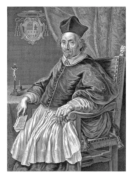 ザカリアス トラレスの司教の肖像 エピスコパルのローブに座っています 十字架と鐘のついたテーブルが彼の隣にある 帽子を被った奴の後ろに — ストック写真