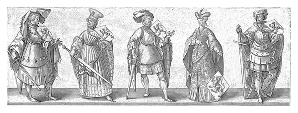 Depiction One Woman Shield Four Men Sword Shield — Stock Photo, Image