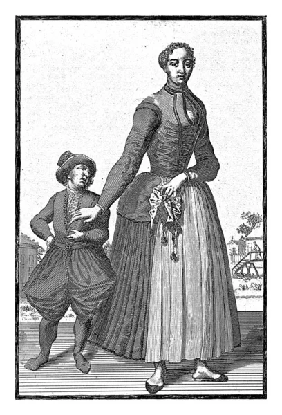 Uma Mulher Vestida Com Traje Tradicional Frísio Com Rapaz Mulher — Fotografia de Stock