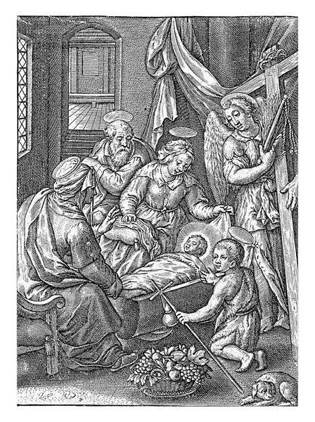 基督儿童睡在摇篮里 Hieronymus Wierix 1563年 1619年以前基督儿童睡在摇篮里 在最前面的是一个拿着激情工具的天使 — 图库照片