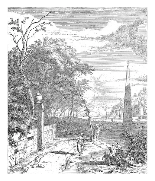 有方尖碑和花园墙壁的景观 在前面的一条小河边 有三个女人和一个小孩 — 图库照片