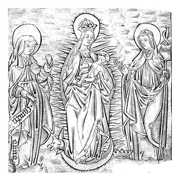 処女が戴冠し 三日月の上に立って 腕の中でキリストの子 右側の聖アンナ 左側の聖ブリジット — ストック写真