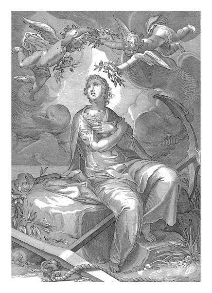 彼女の足の下にアンカーと希望の女性の人格 3つの神の美徳の一つ パッティは月桂樹の花輪と花で彼女の頭の上を飛んで — ストック写真