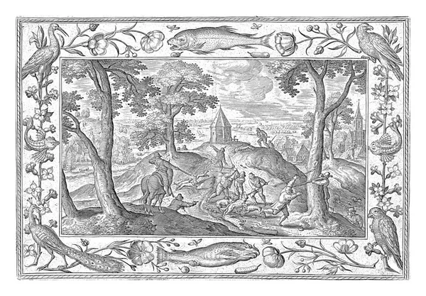 森林景观与猎狼 在前景中 一些猎人和他们的狗杀死了一只狼 这个版画有一个装饰框架 上面有鲜花 鱼和动物 — 图库照片