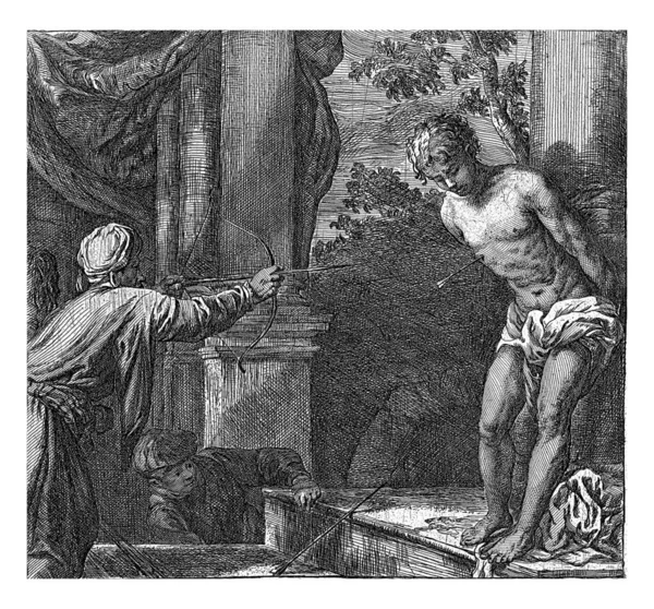 Aziz Sebastian Bir Sütuna Bağlı Bir Okçu Tarafından Vuruluyor Göğsünde — Stok fotoğraf