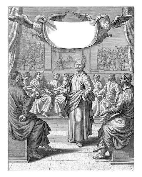 Cicero Bir Odanın Ortasında Konuşuyor Etrafında Sekiz Kişi Oturmuş Rakamları — Stok fotoğraf