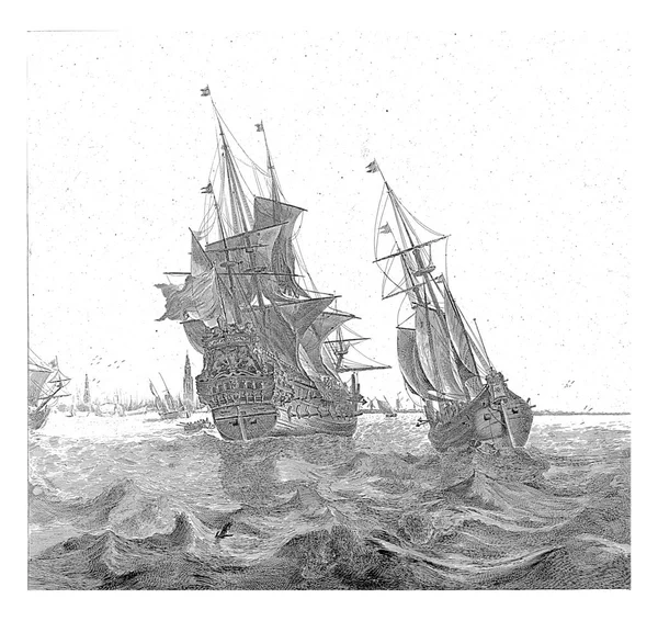 Dutch third-rate warship, seen on the transom, off the ports of Amsterdam. Another ship seen on the transom on the right.