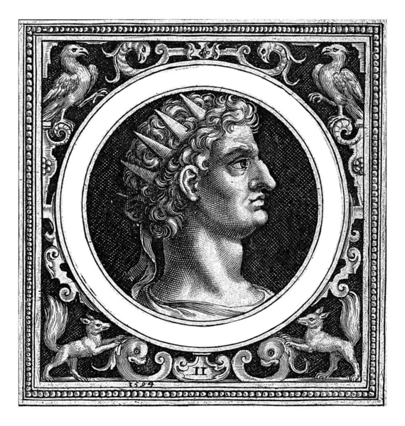 装飾が施された長方形のフレーム内のメダリオンにアウグストゥス帝の胸像 メダリオンの縁と天皇の名 — ストック写真