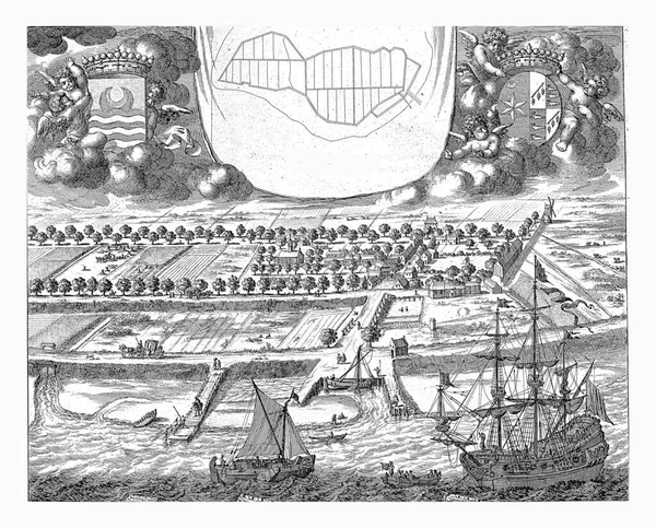 纽韦兰的铸像视图 1696年 一个鸟瞰村庄的景观和纽韦兰的铸像 左上角有纽韦兰纹章的意大利面 — 图库照片