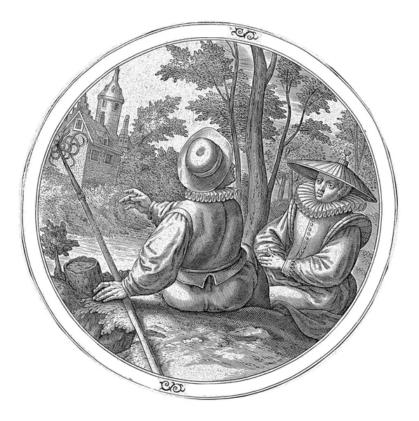 漁師と女性 1550 1610男は釣りに使用することができますいわゆるポン引き棒 彼の手の中に保持しています 隣に座っている女性に魚を釣ったほうがいいと言っている — ストック写真